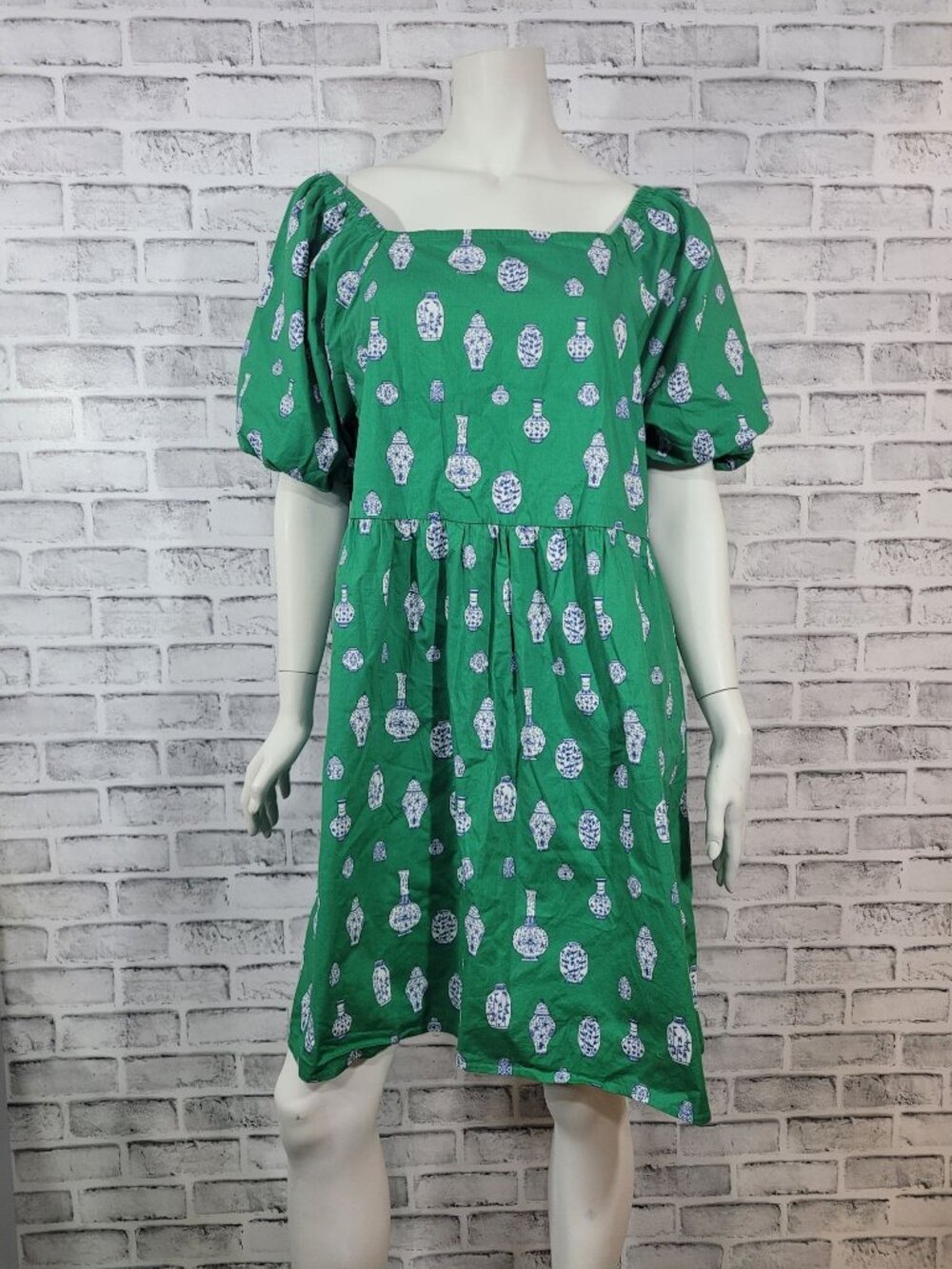 Michelle McDowell Chinoiserie Ginger Jars Green Dress Size XXL Puff Sleeve